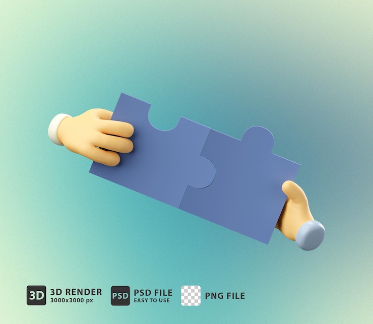 PSD illustrazione 3d collaborazione efficace collaborazione, due mani che tengono due pezzi di puzzle