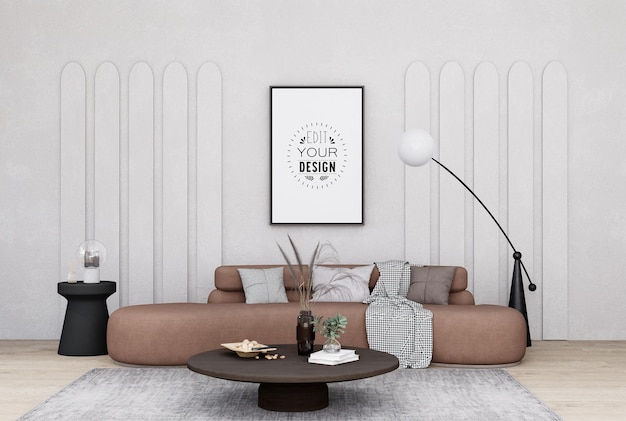 Illustrazione 3D Cornice per foto mockup nel rendering del soggiorno