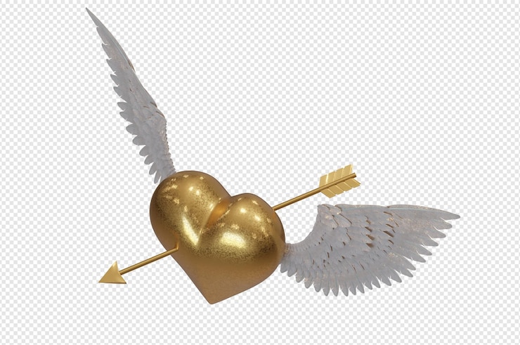 PSD illustrazione 3d cuore d'oro con ali e freccia di cupido felicità per il giorno di san valentino