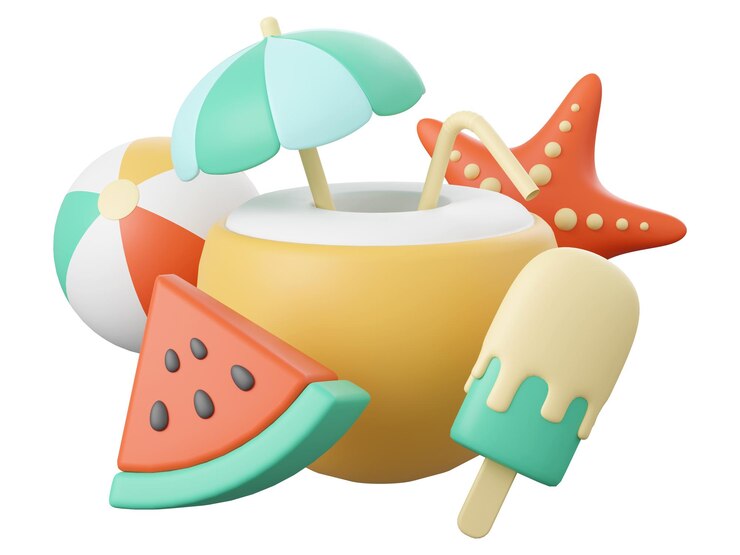 Illustrazione 3D del concetto estivo succo di cocco melone gelato e palla da spiaggia