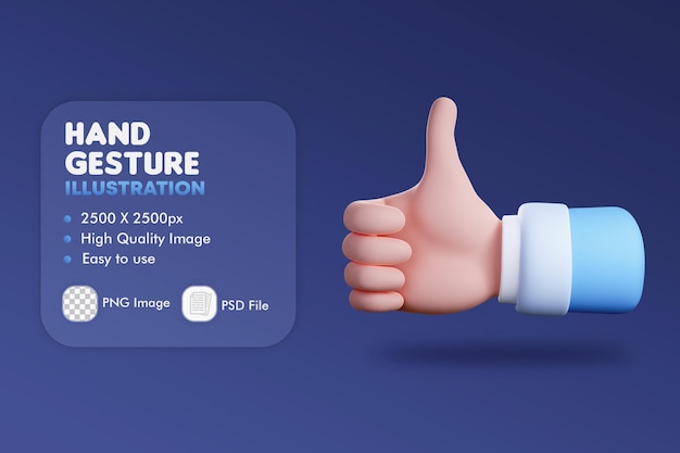 Illustrazione 3D del gesto della mano del pollice in alto, concetto di social media, business e interfaccia utente