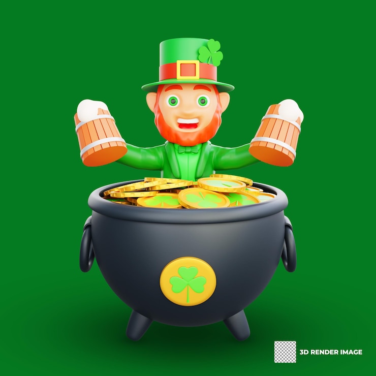 PSD illustrazione 3d del personaggio del giorno di san patrizio leprechaun che tiene due tazze di legno di birra