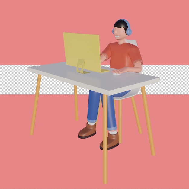 Illustrazione 3d del personaggio freelance felice con il computer a casa
