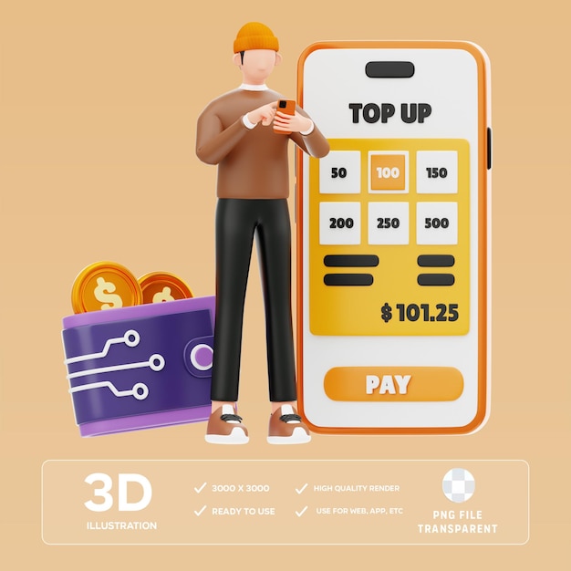 Illustrazione 3D del portafoglio PSD E Top Up