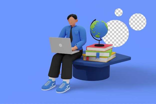 Illustrazione 3D del ragazzo dello studente di college che studia sul computer portatile