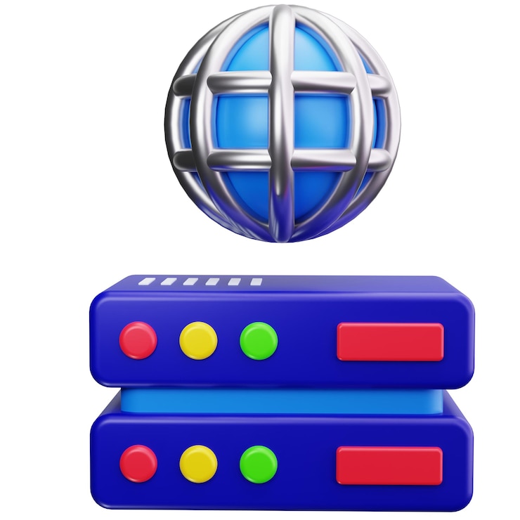 PSD illustrazione 3d del server e del globo di web hosting e connettività dei dati