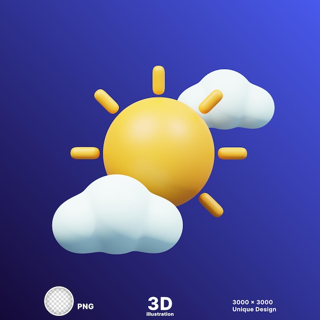 Illustrazione 3D del sole in mezzo alle nuvole in un cielo limpido su uno sfondo trasparente