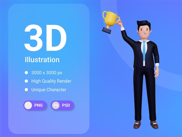 Illustrazione 3D del trofeo della holding dell'uomo d'affari
