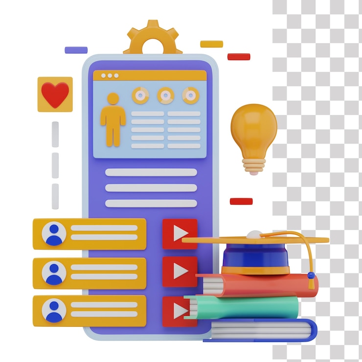 PSD illustrazione 3d dell'app del corso di apprendimento online