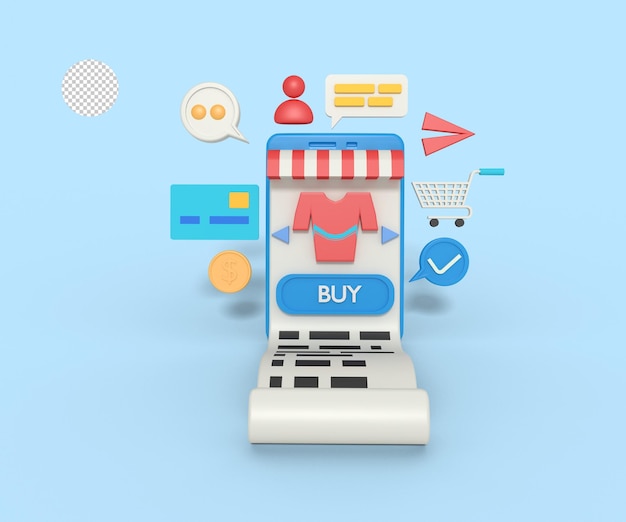 Illustrazione 3d dell'app del negozio online sul cellulare