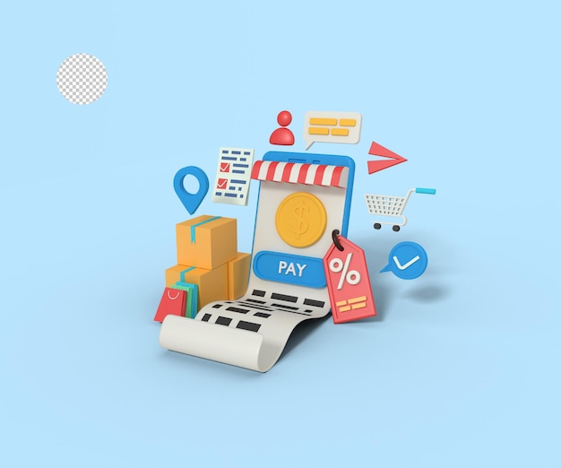 illustrazione 3d dell'app del negozio online sul telefono