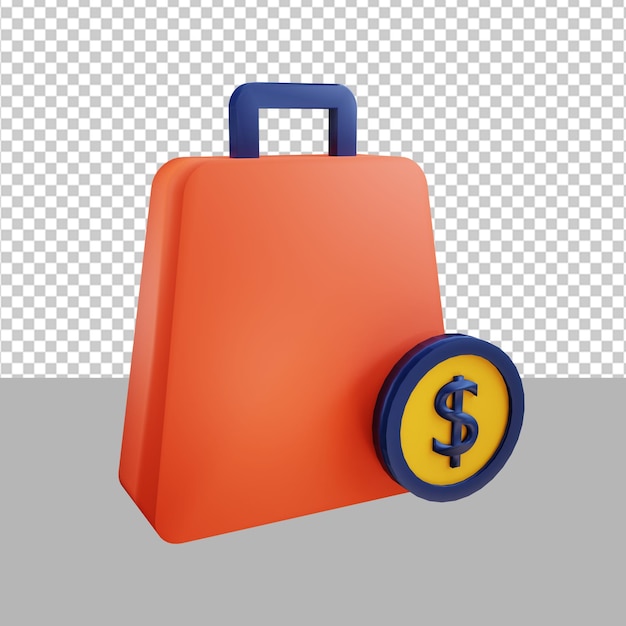 illustrazione 3d dell'icona della moneta del dollaro e della borsa della spesa