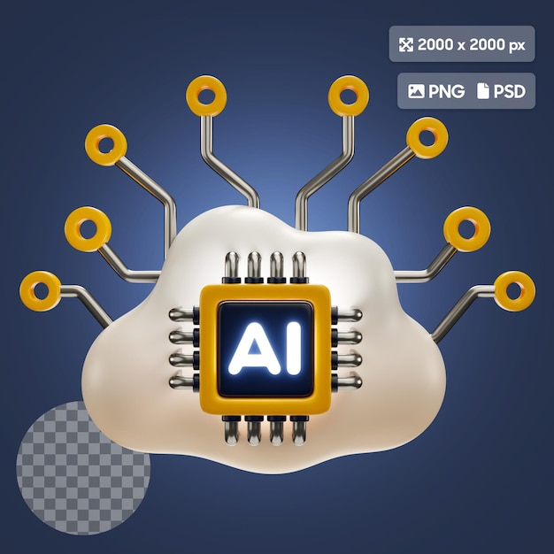 Illustrazione 3D dell'icona di AI cloud e chip