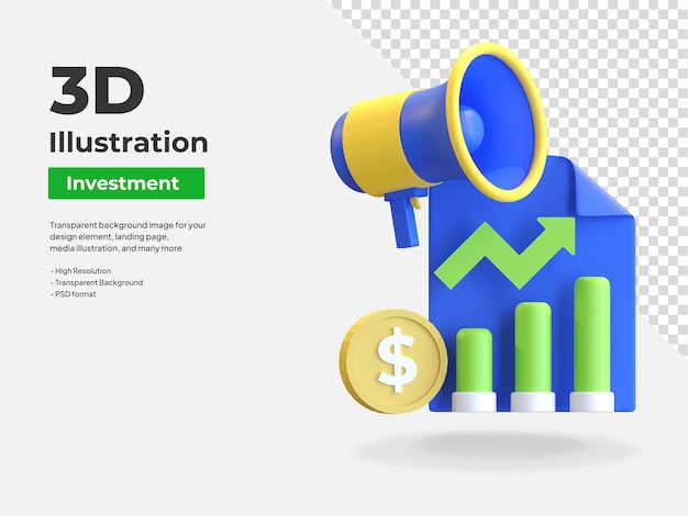 Illustrazione 3d dell'icona di notifica del documento di investimento