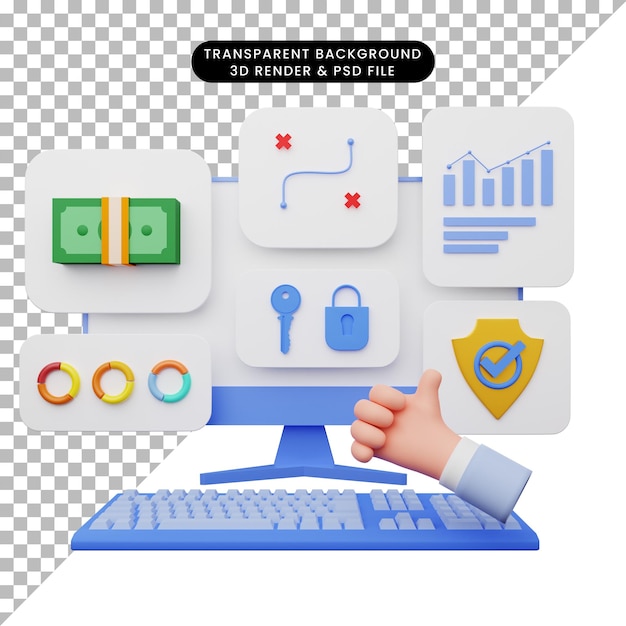 Illustrazione 3D dell'interfaccia utente con monitor e tastiera