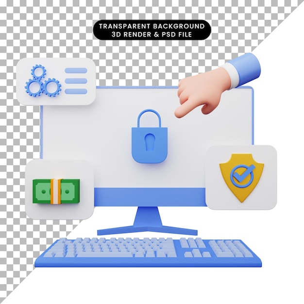 Illustrazione 3D dell'interfaccia utente con monitor e tastiera
