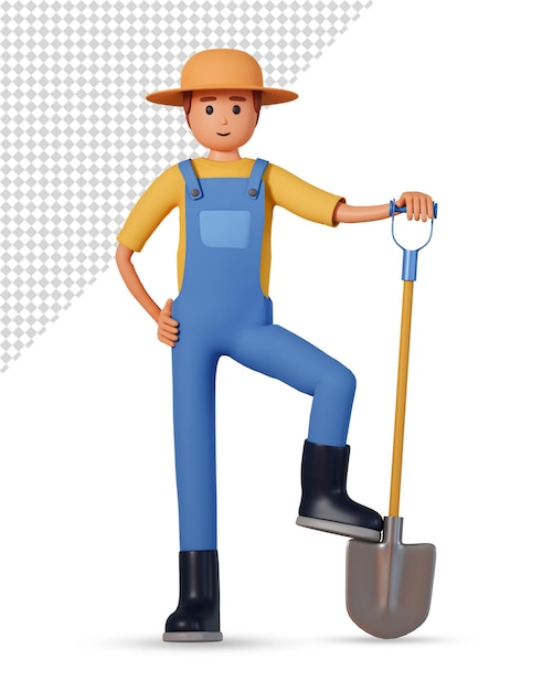 Illustrazione 3d dell'uomo del giardiniere che sta con la pala