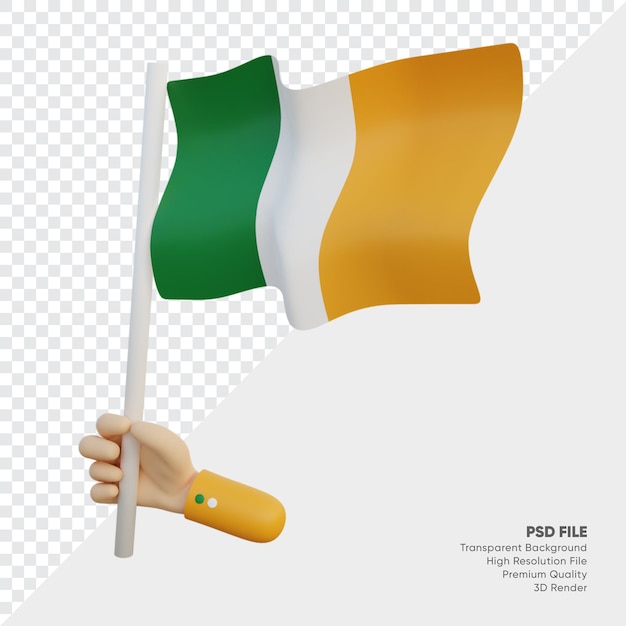 Illustrazione 3d della bandiera dell'Irlanda con la mano che la tiene