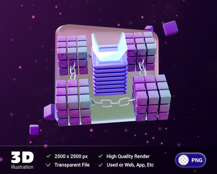 PSD illustrazione 3d della blockchain davanti al glassmorphism