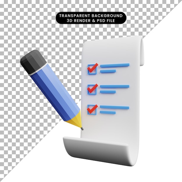 Illustrazione 3d della carta concettuale della lista di controllo con la matita