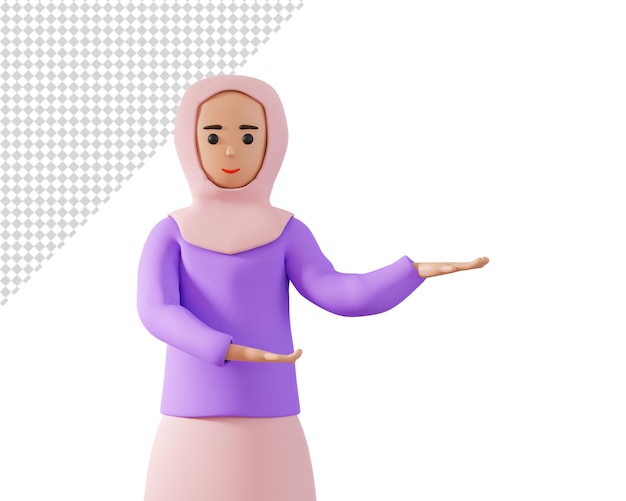 Illustrazione 3d della donna musulmana in hijab che mostra con le mani in una direzione