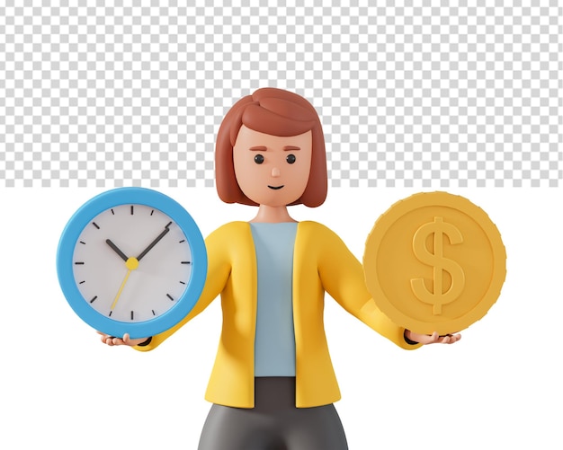 Illustrazione 3d della moneta e dell'orologio dei soldi della tenuta della ragazza adulta