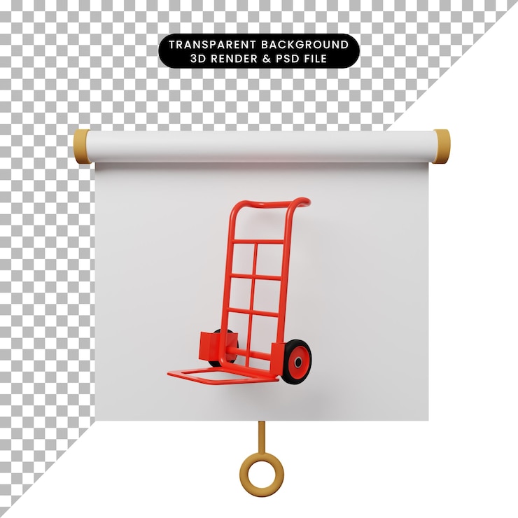PSD illustrazione 3d della vista frontale del pannello di presentazione degli oggetti semplice con il carrello della scatola rossa