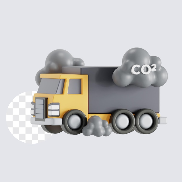 PSD illustrazione 3d delle cause di inquinamento causate dai camion