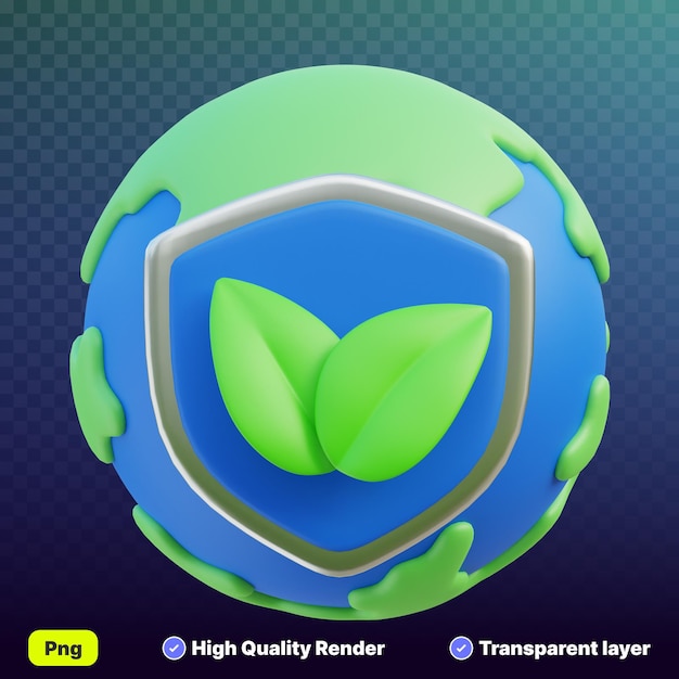 Illustrazione 3D dello scudo verde intorno al globo terrestre con una foglia verde su uno sfondo trasparente