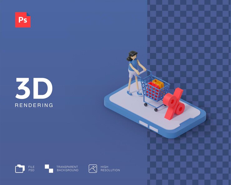 PSD illustrazione 3d dello shopping online
