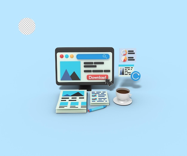 Illustrazione 3D dello sviluppatore di immagini di download del sito Web sul computer