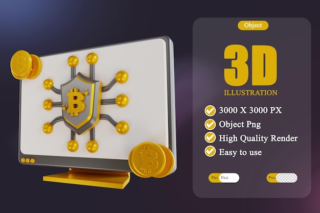 Illustrazione 3D desktop di sicurezza bitcoin 3