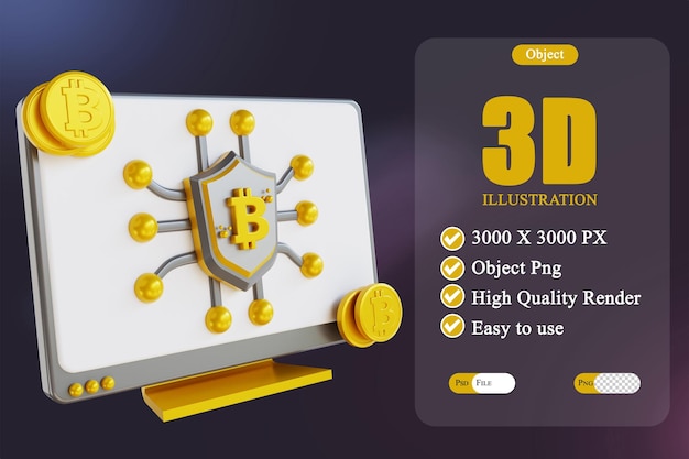 Illustrazione 3D desktop di sicurezza bitcoin