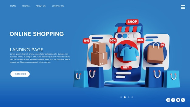 illustrazione 3d di acquisti online per la pagina di destinazione