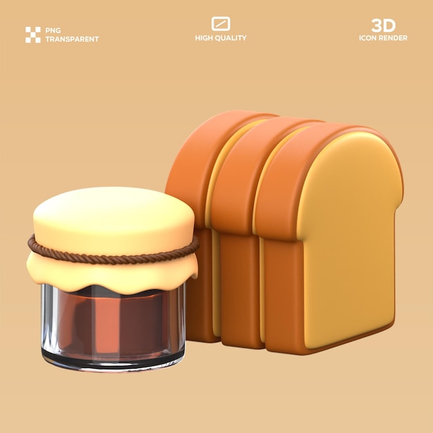 Illustrazione 3D di barattolo di miele e pane PSD