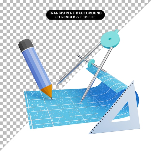 Illustrazione 3d di carta cianografica con matita e righello in scala orleon