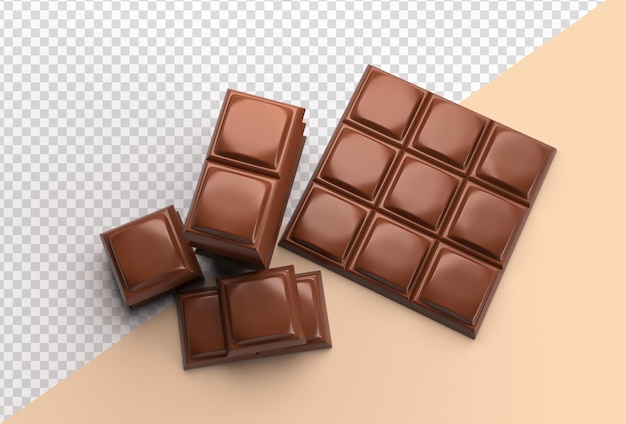 Illustrazione 3d di deliziosi pezzi di cioccolato e barra sullo sfondo