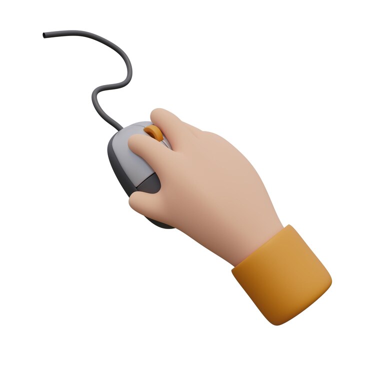 PSD illustrazione 3d di mano umana clicca sul mouse del computer con il concetto di tecnologia del cavo