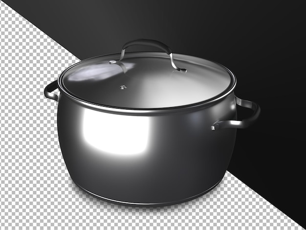illustrazione 3d di pentole da cucina metalliche, coperchi e cibo