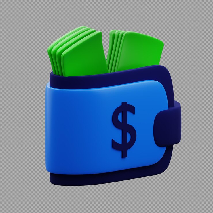 PSD illustrazione 3d di portafoglio dollaro blu e verde con un segno dollaro su uno sfondo trasparente