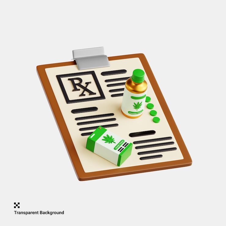 PSD illustrazione 3d di prescrizione a base di erbe per l'uso terapeutico della cannabis