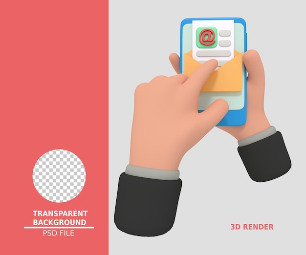 illustrazione 3d di smartphone in possesso con icona e-mail