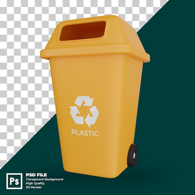 Illustrazione 3D di un bidone della spazzatura arancione per la plastica con un simbolo di riciclaggio della plastica