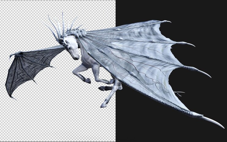 PSD illustrazione 3d di un cavallo fantastico isolato su sfondo nero con percorso di ritaglio ala del demone ho