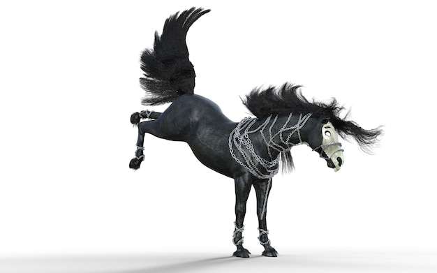 Illustrazione 3d di un cavallo nero fantastico isolato sullo sfondo dello schermo verde Cavallo del Diavolo