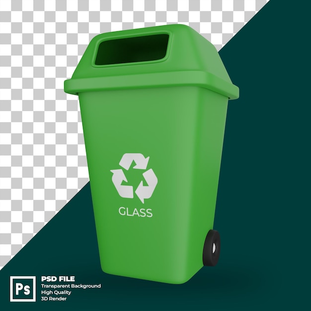 Illustrazione 3D di un contenitore per rifiuti in vetro verde con un simbolo di riciclaggio del vetro