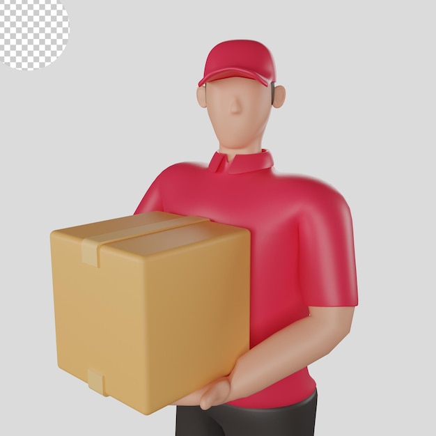 Illustrazione 3d di un fattorino che indossa una camicia rossa che tiene le merci di un cliente. PSD Premium