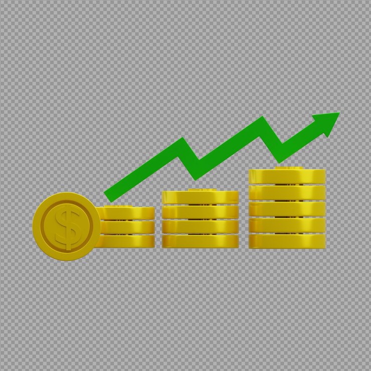 PSD illustrazione 3d di un grafico con monete d'oro su di esso che negozia azioni su uno sfondo trasparente
