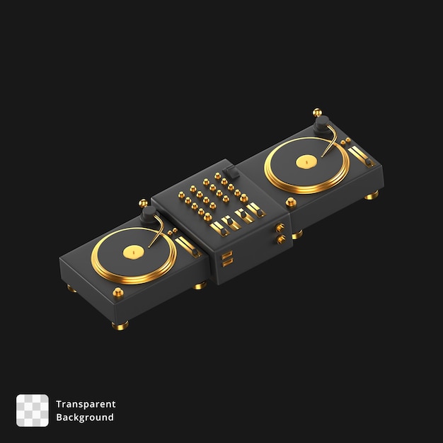 Illustrazione 3D di un lettore di vinili DJ nero e oro