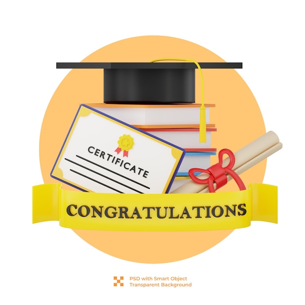 Illustrazione 3d di un nastro di graduazione e di un certificato